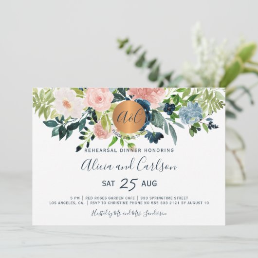 Elegant marinebloem monogram repetitiediner kaart (Staand voorkant)