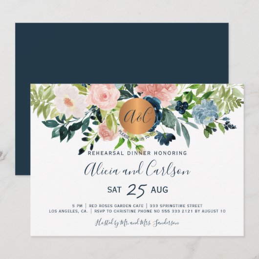 Elegant marinebloem monogram repetitiediner kaart (Voorkant / Achterkant)