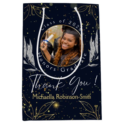 Elegant marinegoud Dank u Afstuderen Medium Cadeauzakje (Voorkant)