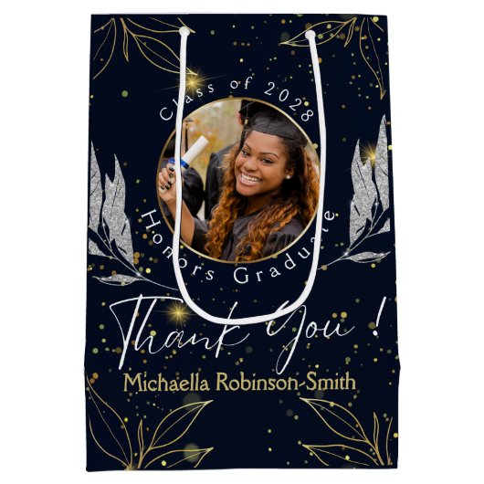 Elegant marinegoud Dank u Afstuderen Medium Cadeauzakje (Achterkant)