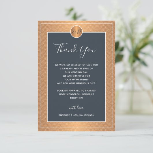 Elegant marinekopkoper goud metaalbruiloft bedankkaart (Staand voorkant)