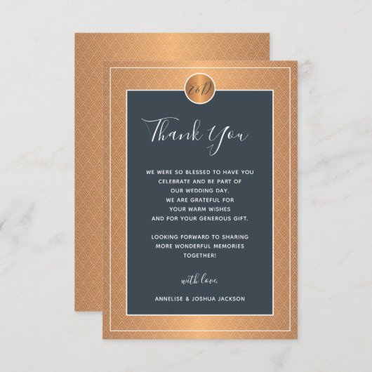 Elegant marinekopkoper goud metaalbruiloft bedankkaart (Voorkant / Achterkant)