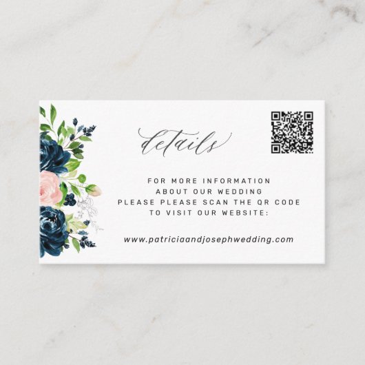 Elegant marineroze florale QR CODE trouwgegevens Informatiekaartje (Voorkant)