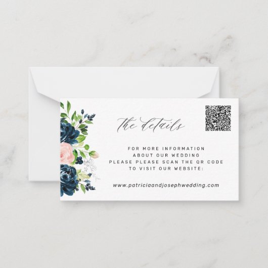 Elegant marineroze florale QR CODE trouwgegevens Notitiekaartje (Voorkant)