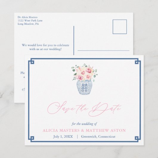 Elegant marineroze rozen huwelijk redden de datum briefkaart (Voorkant / Achterkant)