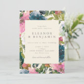 Elegant marineroze Waterverf botanisch huwelijk Kaart (Staand voorkant)