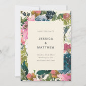 Elegant marineroze Waterverf botanisch huwelijk Save The Date (Voorkant)