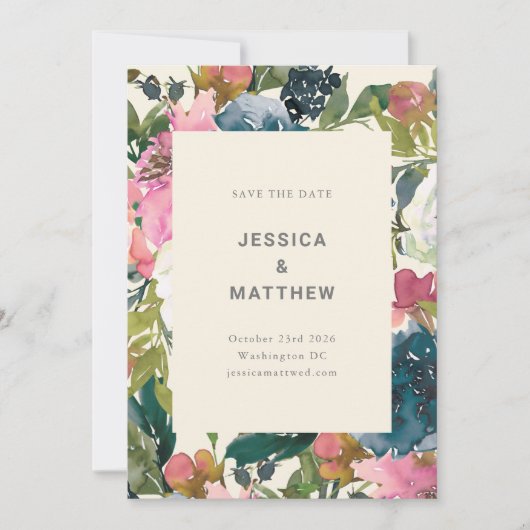 Elegant marineroze Waterverf botanisch huwelijk Save The Date (Voorkant)