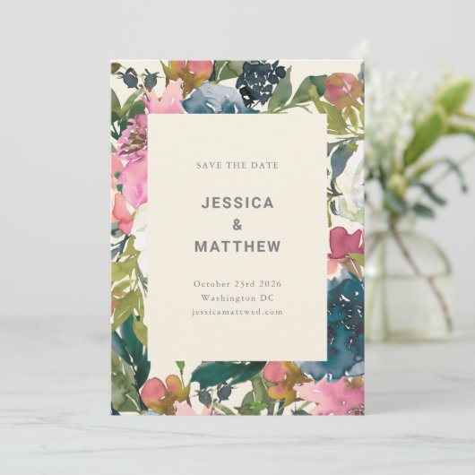 Elegant marineroze Waterverf botanisch huwelijk Save The Date (Staand voorkant)