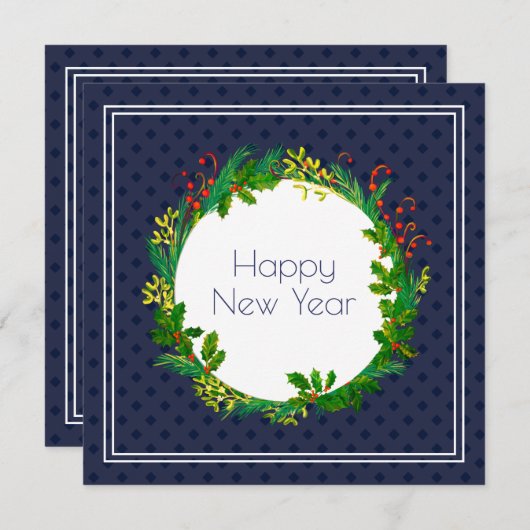 Elegant  marinesblauw Rustic Happy Nieuwjaar Feestdagenkaart (Voorkant / Achterkant)