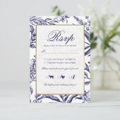 Elegant  marineschip Blue Gold Botanical Weddensch RSVP Kaartje (Staand voorkant)