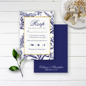 Elegant  marineschip Blue Gold Botanical Weddensch RSVP Kaartje
