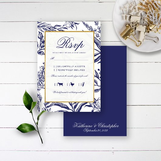 Elegant  marineschip Blue Gold Botanical Weddensch RSVP Kaartje