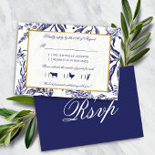 Elegant  marineschip Blue Gold Botanical Weddensch RSVP Kaartje