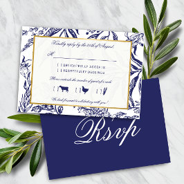 Elegant  marineschip Blue Gold Botanical Weddensch RSVP Kaartje
