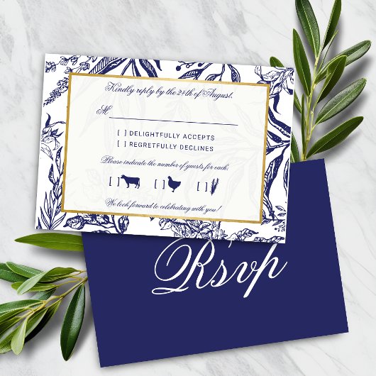 Elegant  marineschip Blue Gold Botanical Weddensch RSVP Kaartje