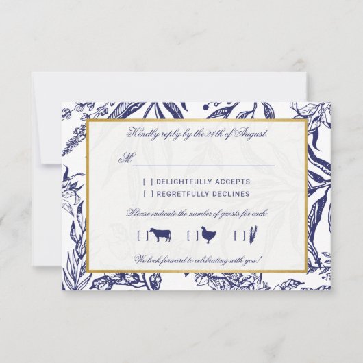 Elegant  marineschip Blue Gold Botanical Weddensch RSVP Kaartje (Voorkant)