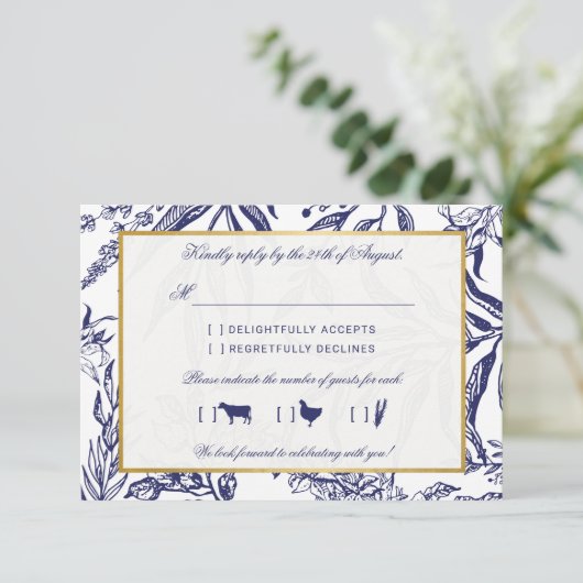 Elegant  marineschip Blue Gold Botanical Weddensch RSVP Kaartje (Staand voorkant)