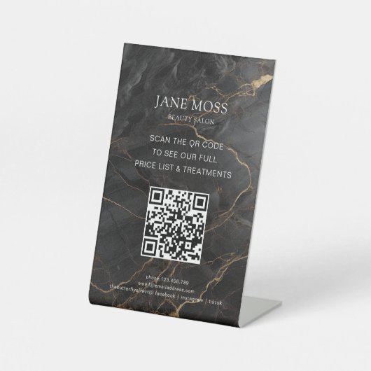 Elegant, Marmer-Black-Gold, Salon, QR-Code Reclamebord Met Voetstuk (Voorkant)