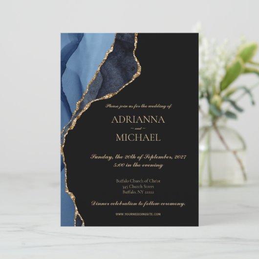 Elegant Marmer Blauw Agaat Bruiloft Uitnodiging (Staand voorkant)