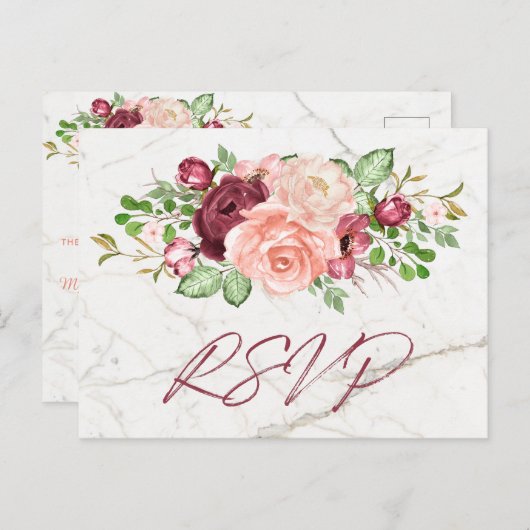 Elegant marmer Bourgondië Mauve Peach RSVP Uitnodiging Briefkaart (Voorkant / Achterkant)