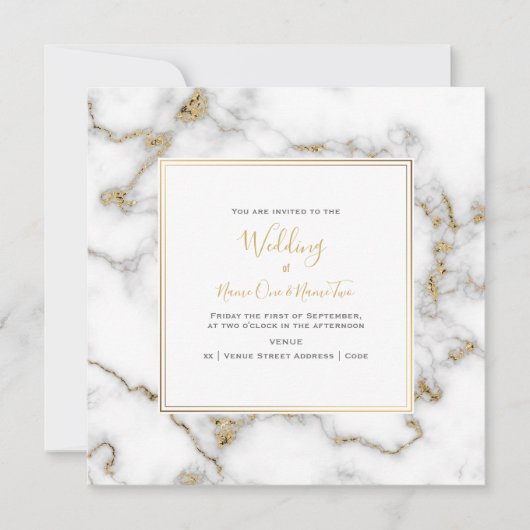 Elegant, marmer en goudeffect, huwelijksuitnodigin kaart (Voorkant)