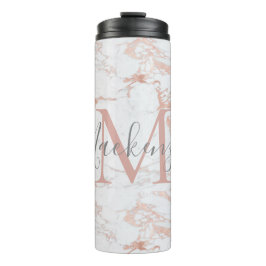 Elegant Marmer en Roos Gouden Folie Monogram Thermosbeker