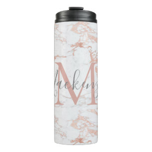Elegant Marmer en Roos Gouden Folie Monogram Thermosbeker