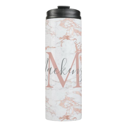 Elegant Marmer en Roos Gouden Folie Monogram Thermosbeker (Voorkant)