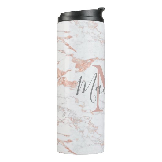 Elegant Marmer en Roos Gouden Folie Monogram Thermosbeker (Gedraaid links)