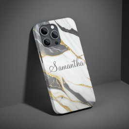 Elegant Marmer Gepersonaliseerd Goud Grijs & Wit Case-Mate iPhone 14 Pro Hoesje