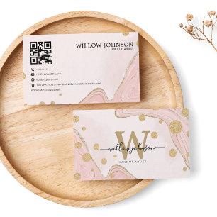 Elegant marmer Gold Pink Glitter QR Code Monogram Visitekaartje