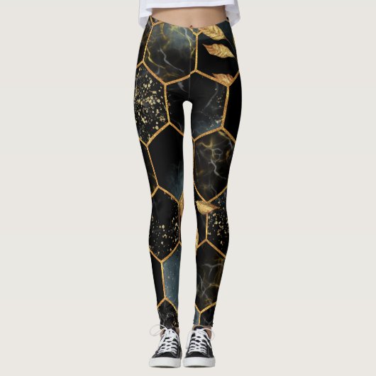 Elegant marmer & goud: Abstracte zeshoek textuur Leggings (Voorkant)