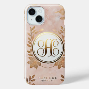 Elegant Marmer & Goud Monogram iPhone 15 Hoesje
