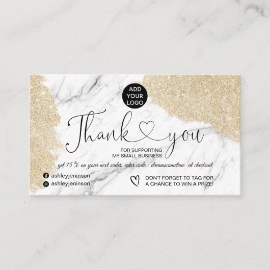 Elegant marmer goudglitter logo bedankt visitekaartje (Voorkant)