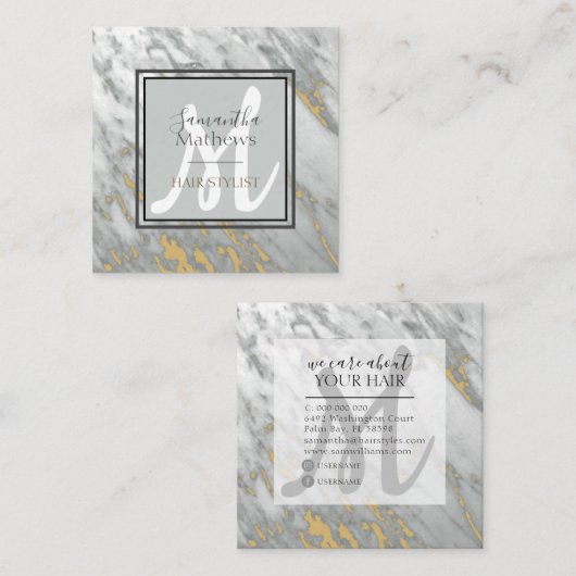 Elegant Marmer Grijs Goud Monogram Haar Stylist Vierkante Visitekaartje (Voorkant / Achterkant)
