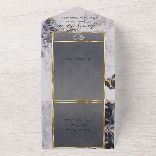 Elegant marmer, grijs met goudbladeren Lijst All In One Uitnodiging (Buitenkant)