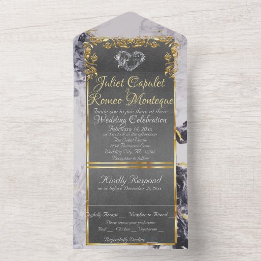 Elegant marmer, grijs met goudbladeren Lijst All In One Uitnodiging (Binnen)