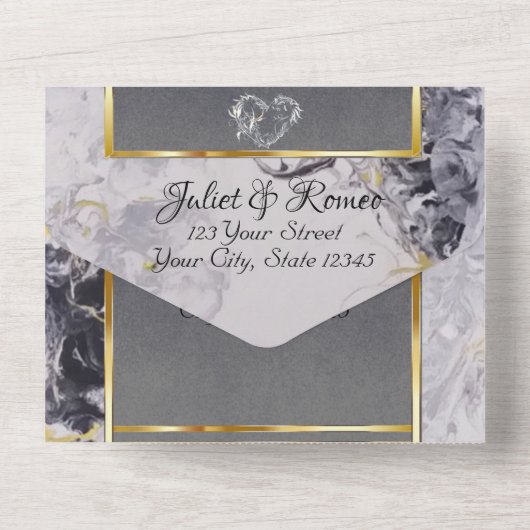 Elegant marmer, grijs met goudbladeren Lijst All In One Uitnodiging (Achterkant)