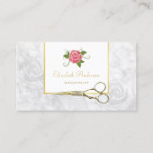 Elegant Marmer Haarstylist Gouden Schaar en Roos Visitekaartje (Voorkant)