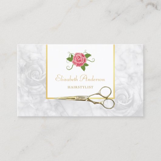 Elegant Marmer Haarstylist Gouden Schaar en Roos Visitekaartje (Voorkant)