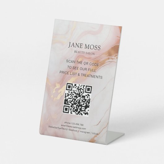 Elegant, Marmer-Roos-Gold, Salon, QR-Code Reclamebord Met Voetstuk (Voorkant)
