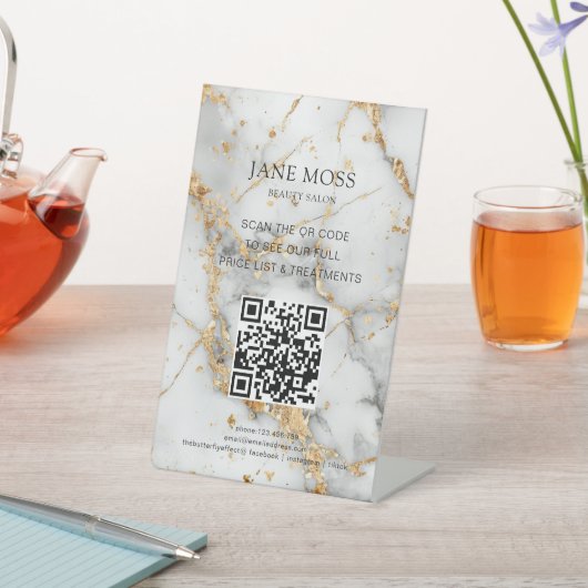 Elegant, Marmer-Wit-Goud, Salon, QR-Code Reclamebord Met Voetstuk (Insitu)