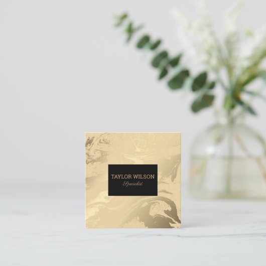 Elegant marmer zwart en goud vierkante visitekaartje (Staand voorkant)