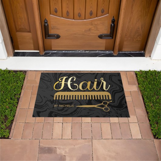 Elegant Marmer Zwart Goud Haarstylist Salon Naam Deurmat (Buiten)