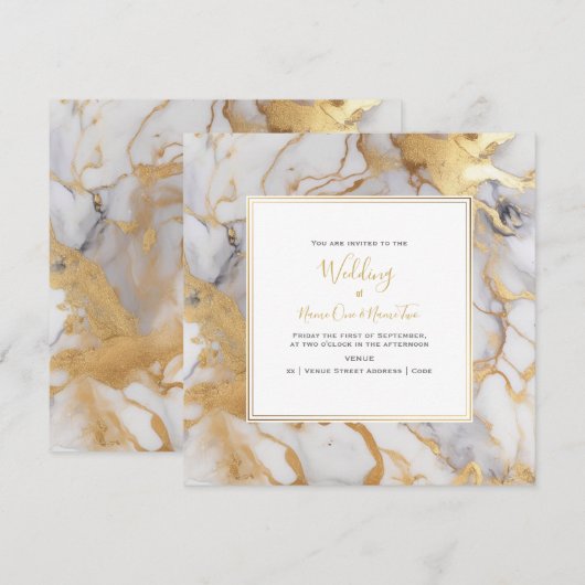 Elegant, marmeren gouden effect, huwelijksuitnodig kaart (Voorkant / Achterkant)