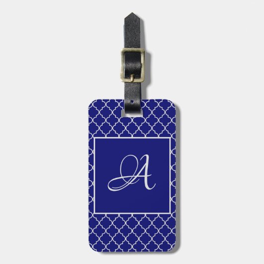 Elegant Marokkaans damast marine Blauw monogram Bagagelabel (Voorkant verticaal)