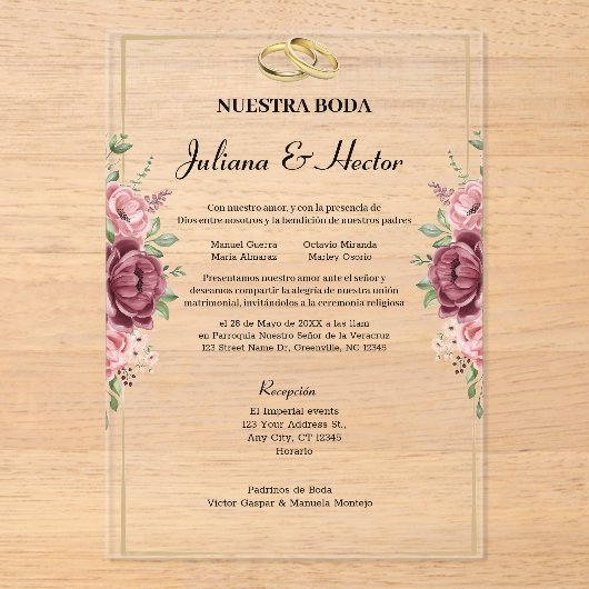 Elegant Maroon and Gold Floral Wedding Acryl Uitnodigingen (Voorkant)