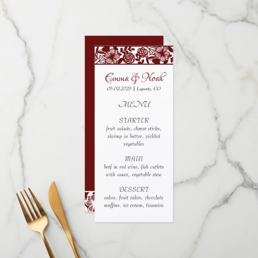 Elegant Maroon-Bourgogne bruiloft Diner Menu Kaart (Voorkant / Achterkant in situ)