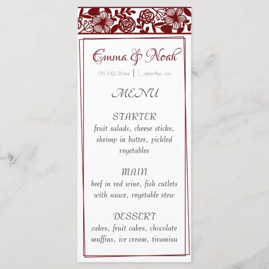 Elegant Maroon-Bourgogne bruiloft Diner Menu Kaart (Voorkant)